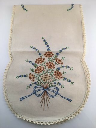 Vintage Embroidery Table Runner Dresser Scarf Gold Brown Blue Flowers Scalloped