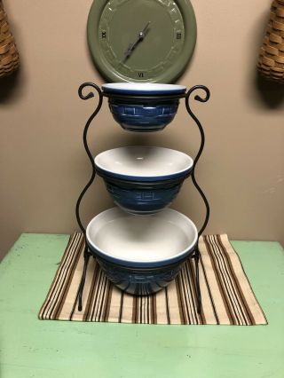 Longaberger Mixing Bowls Set & Wrought Iron Stand Cornflower Blue Pottery Usa