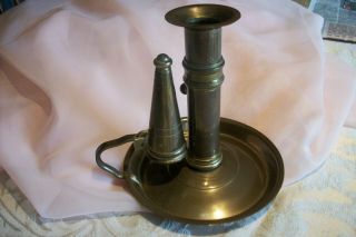Antique Push - Up Brass Candle Holder With Snuffer Attaches To Side Of Handle