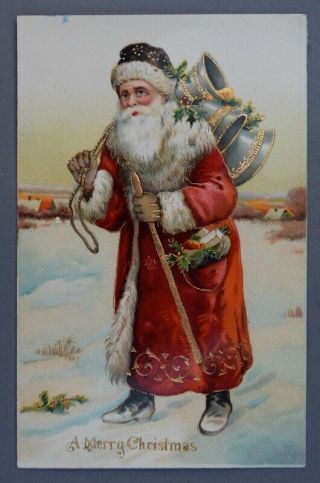 1910 Colorful Red Santa Claus Merry Christmas Postcard
