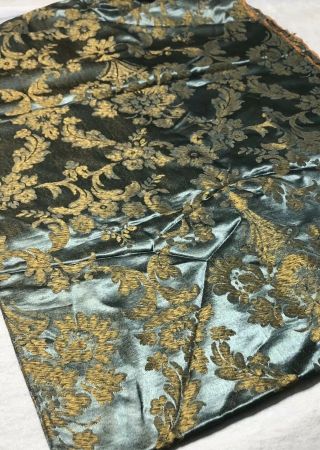 Vintage Mid Century Material Silk Upholstery Curtain Fabric Teal Gold