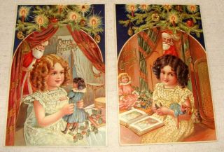 2 Antique Santa Postcards: Little Girls Holding Christmas Toys/decorated Tree