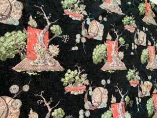 Great Vintage Mid - Century Bark Cloth Curtain Panel Heavy Black Green Coral Asian