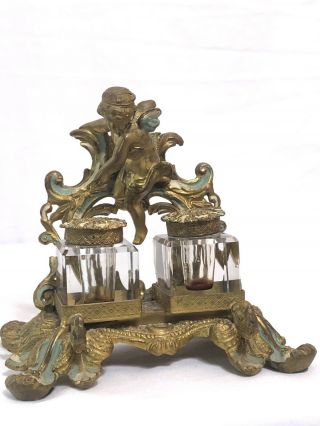 Antique Victorian Bronze Angel Cherub Double Glass Inkwell With Pen Rest