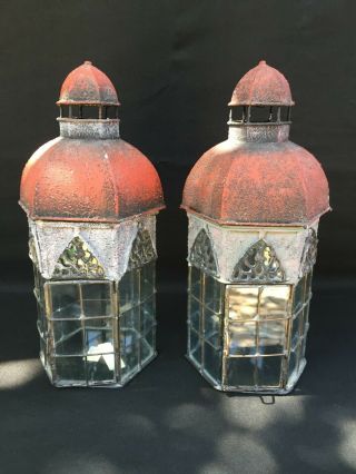 Metal & Glass Architectural Lanterns/candle Holders Indoor/outdoor (2) Vintage