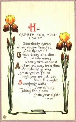 He Careth For You Bible 1 Peter 5:7 Art Nouveau Yellow Purple Iris Stecher C1910