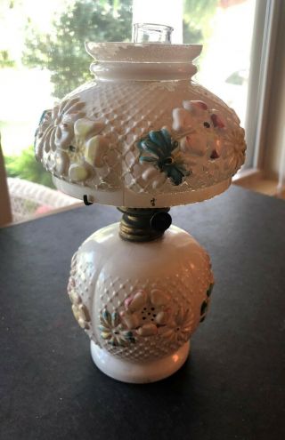 Antique White Flash Glass With Embosse Painted Flowers Gwtw Miniature Oil Lamp