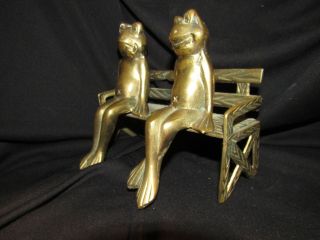 Large 7 1/2 " X 6 1/2 " Two Brass Frogs Couple Sitting On A Bench Statue Cute