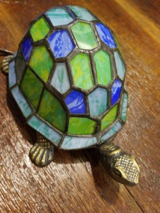 Tiffany Style Stained Glass Turtle Lamp Metal Base Blue Green 9 " Lovely