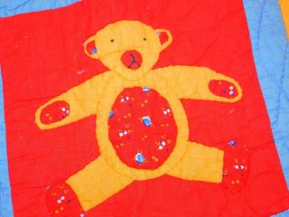 Vintage FIRST IMPRESSIONS CRIB Sampler QUILT Red Blue Yellow Green Teddy 36x47 