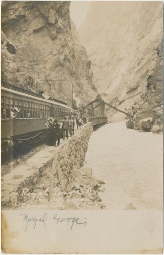1907 Rppc Postcard Passengers & Train Stopped At Hanging Bridge Royal Gorge Colo