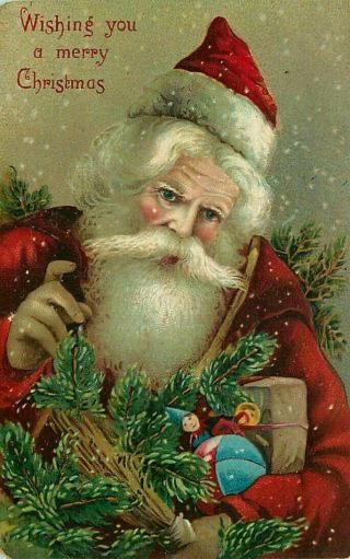 Santa Claus With Holly & Toys Antique Embossed Christmas Postcard - K367