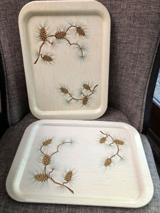 Set Of 6 Vintage Metal Trays Lap Serving Tv Bed Pine Cone Rustic Cabin Decor