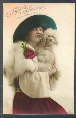 Qb007 Art Deco Femme Fashion Lady Fur Stole Hat Bichon Dog Kitsch Photo D 