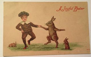 Vintage Easter Postcard Boy Child Dancing With Bunnies Rabbits