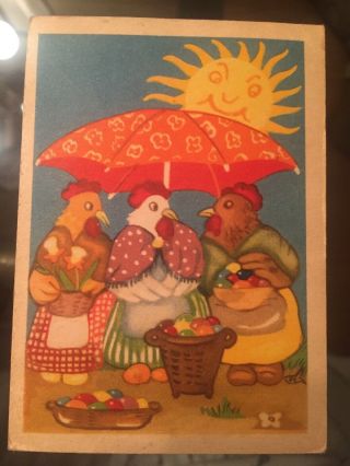Vintage Swedish Mini Easter Postcard Hens Chickens Umbrella Sun Eggs