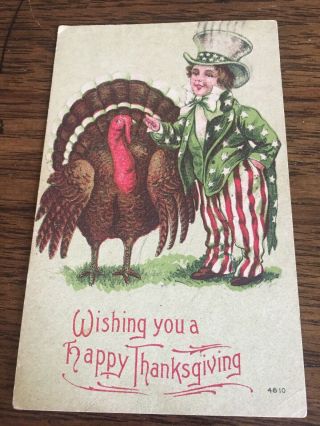 Vintage Thanksgiving Postcard Turkey Patriotic Uncle Sam 1910