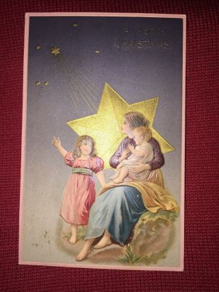 Vintage Christmas Postcard Mother Children Gold Foil Shooting Star German 1907
