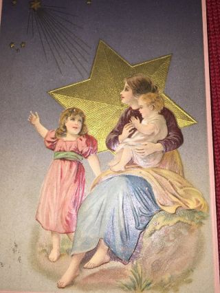 Vintage Christmas Postcard Mother Children Gold Foil Shooting Star German 1907 5