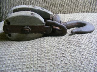 Large Vintage Antique Wood Iron BLOCK & TACKLE PULLEY 2