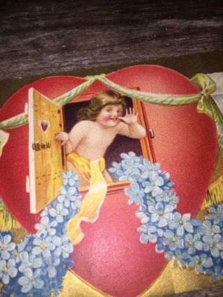 Vintage Valentine’s Day Postcard Embossed Heart Cupid Door Arrow Gold Foil