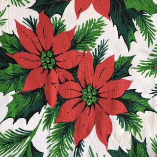 Vintage Christmas Linen Table Cloth Rectangular Poinsettia White Red Green