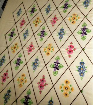 Charming Vintage Finished Completed Floral Crewel Embroidery Blanket Throw 66x51