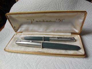 Vintage Parker 51 Fountain Pen And Pencil Set Navy Grey W/ Box