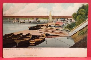 Postcard Ma Springfield On The Connecticut River Bridge Boat Antique A3