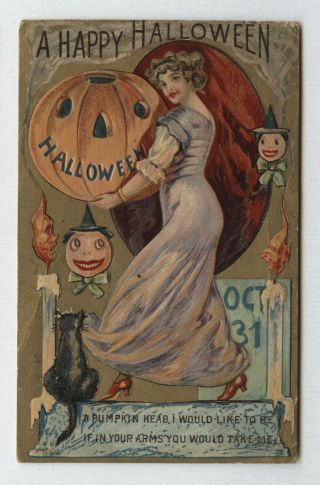 Antique Woman Pumpkin Halloween Postcard Black Cat Candle Flame Faces