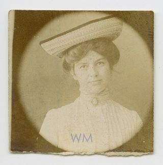Early 1900s Victorian Woman W/ Large Straw Hat - Vtg Photo Booth Snapshot