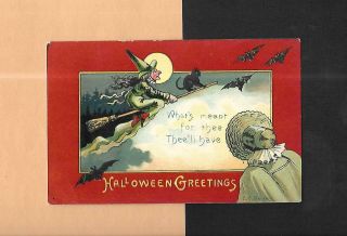 Witch Rides Broom,  Bats,  Black Cat,  A/s Banks Vintage Halloween Postcard