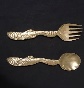 Antique/vintage Pewter Seafood Serving Fork And Spoon Fish Platter Accompaniment
