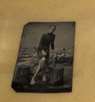 Antique Souvenir Man In Bathing Suit Tintype Photo Boat & Water Scene In Back