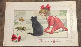 Rare Vintage Christmas Postcard Girl Black Cat Toy Turtle Embossed