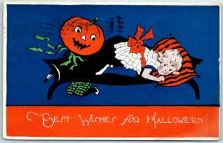 Vintage Gibson Halloween Postcard Girl In Bed / Scared By Jol - 1922 Cancel