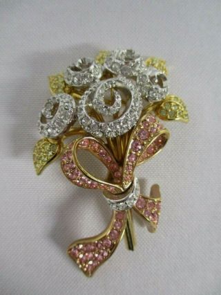Signed 1998 Jp Swarovski Crystal Bouquet Of Flowers Pink Bow Compassion Brooch