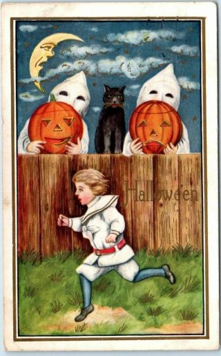 Vintage Whitney Halloween Postcard Kkk - Looking Ghosts Scare Boy W/ Jol - 1916