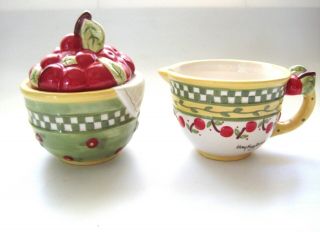 Mary Engelbreit Cherry Creamer & Sugar Bowl With Lid 1998 Enesco