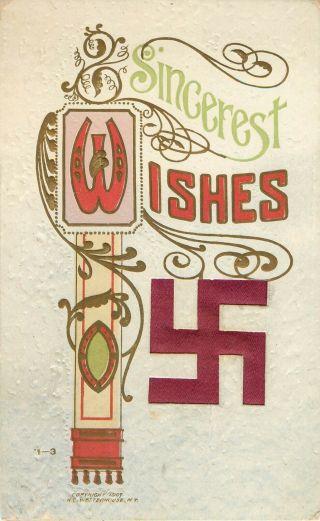 Good Luck Satin Swastika Sincerest Wishes Novelty 1909 Postcard
