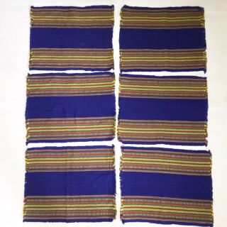 Vtg Ethnic Boho Cloth Fabric Placemats Napkins Set 6 Colorful Stripe Blue Fringe