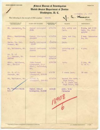 Vtg 1939 Fbi Record Of Criminal 204270 J Edgar Hoover Police Caught Salisbury Md