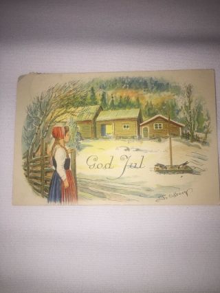 Vintage Swedish Mini Christmas Postcard God Yul Girl Outside Farm Home Sweden