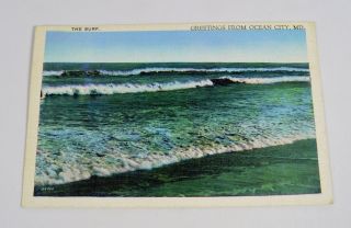 Vintage 1920s 30s Ocean City,  Md Maryland Surf Beach Art Color Linen Postcard