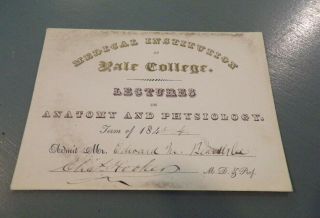 Antique Medical Institution Yale College Lecture Card 1843 Rare