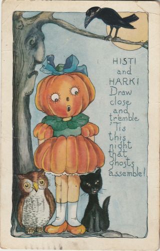 S21 1362 Vintage Whitney Made Halloween Postcard Pumpkin Girl Own Black Cat 1922