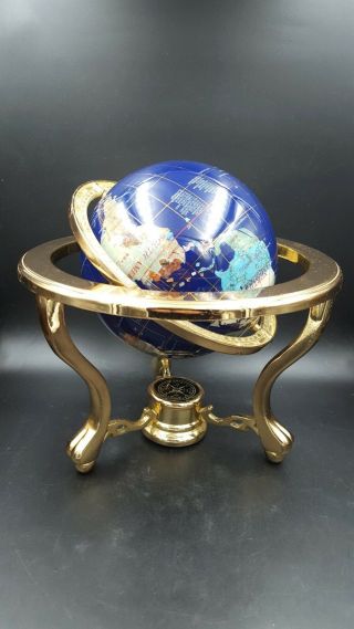 Vintage Blue Semi - Precious Gem Stone Table Top Globe Brass Stand & Compass