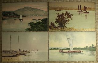 Antique Postcard / Paintings Of Boats / Set Of 4 / Japanese / C.  1930
