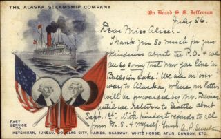 Alaska Steamship Co Ss Jefferson Service Patriotic Falgs 1906 Postcard
