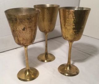 3 Vintage Hammered Brass Goblets 7.  5 " High